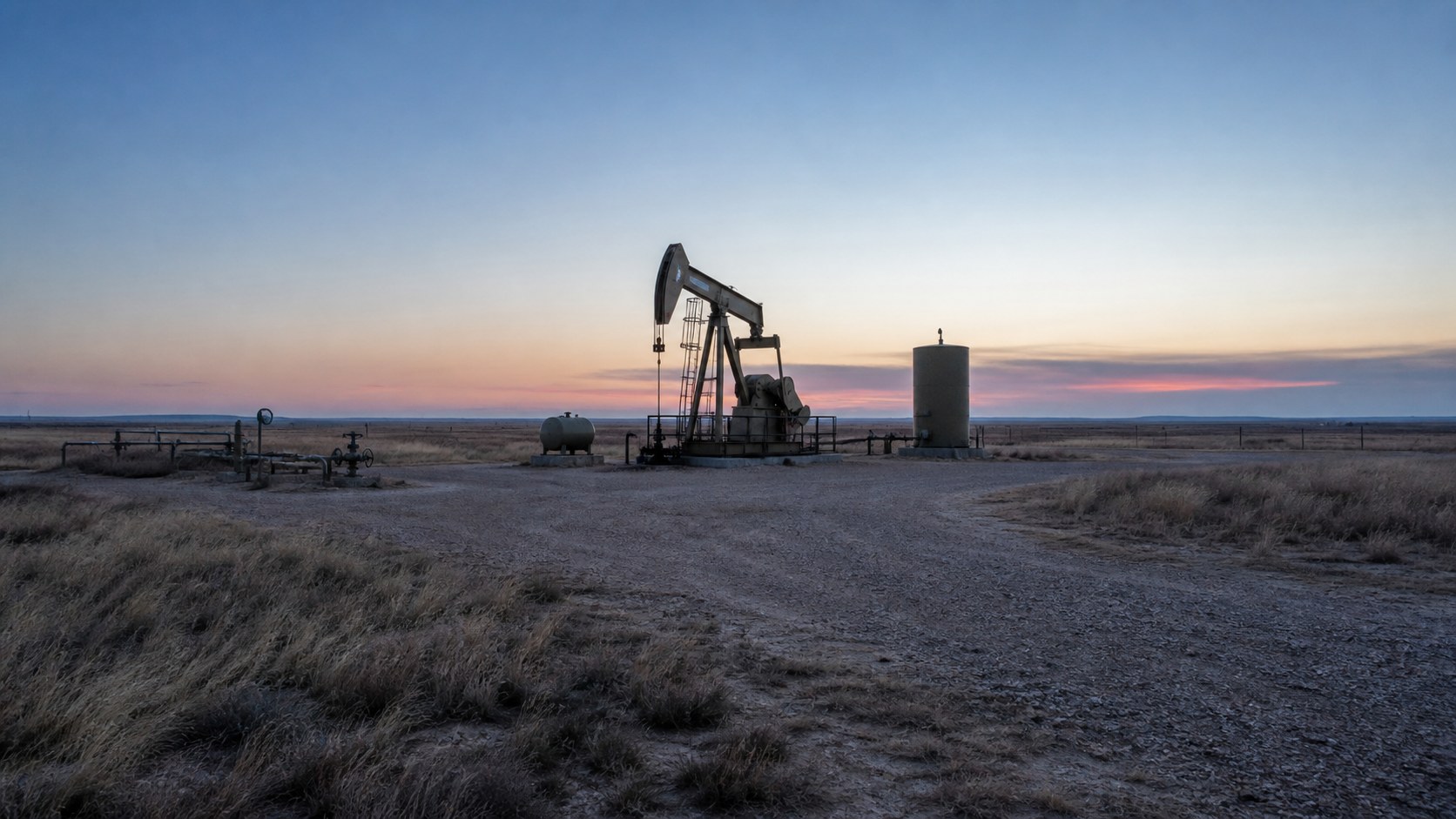 A pumpjack against the first light of a wide-open plains sky