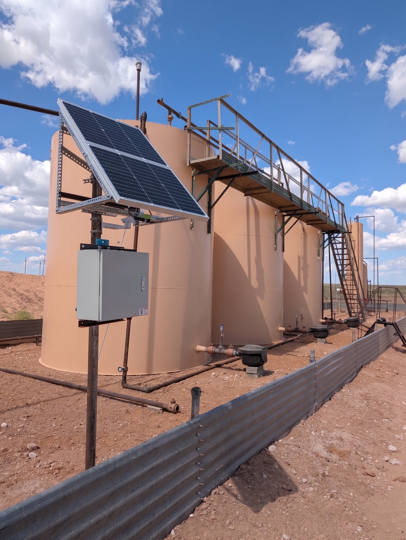 Outpost field installation with a solar panel and telemetry enclosure beside the tanks